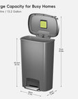 Hana Select 13.2 Gallon / 50L Plastic Resin Step Kitchen Trash Can-Grey