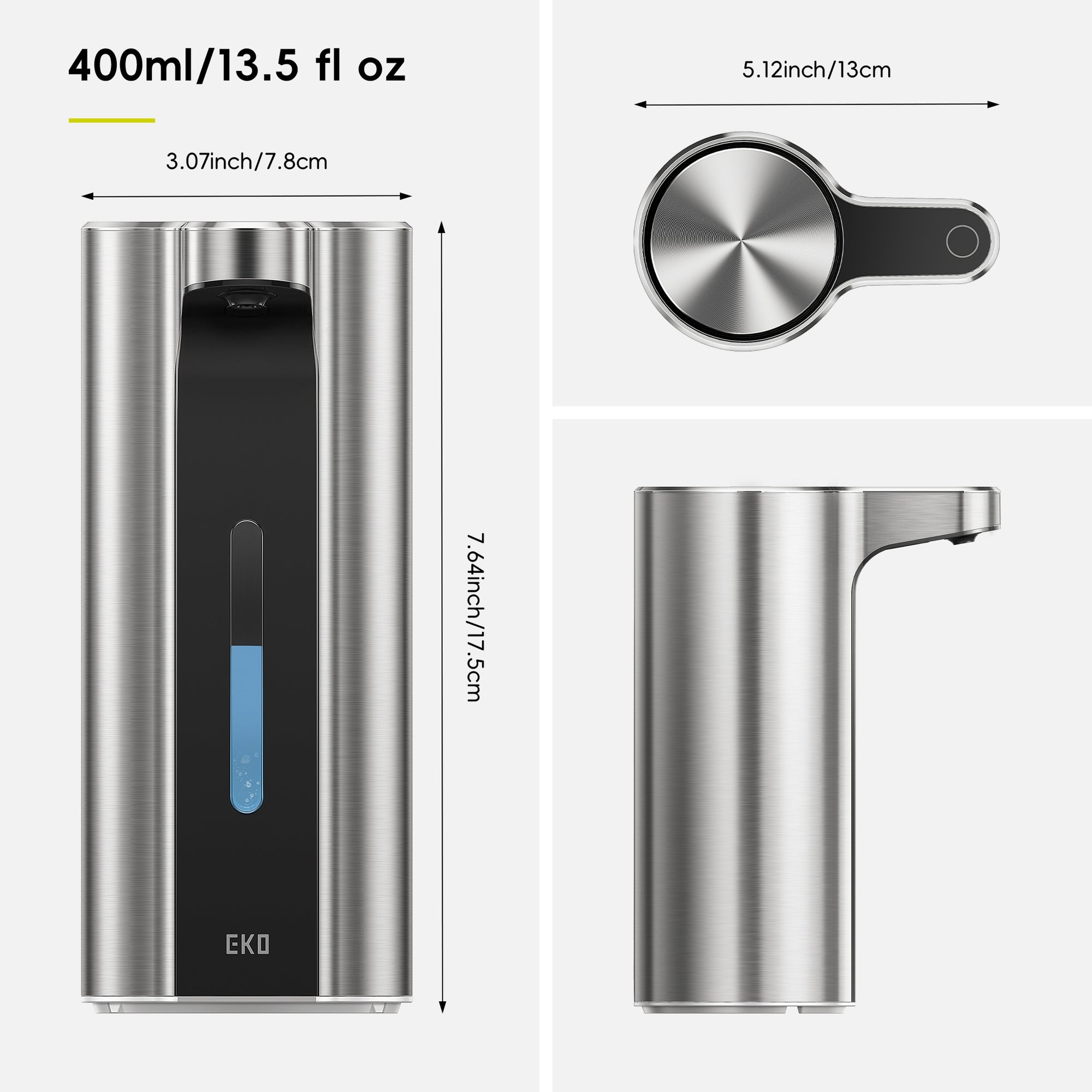 EKO Aroma Pro 13.5 fl oz Touchless Automatic Liquid Soap Dispenser-Stainless Steel – Dimensions