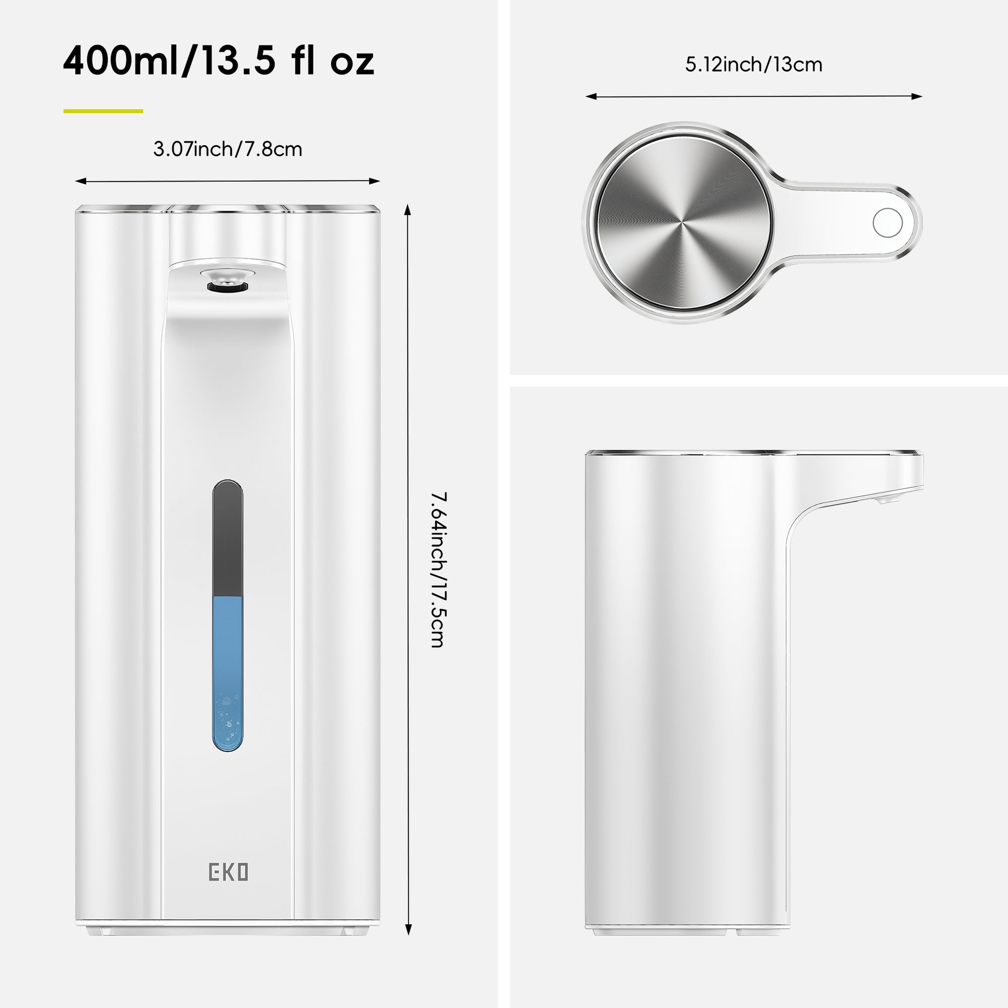 EKO Aroma Pro 13.5 fl oz Touchless Automatic Liquid Soap Dispenser-Matte White – Dimensions