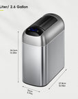 EKO Astro 10L / 2.6 Gallon Slim Sensor Trash Can with Butterfly Lid-Matte Stainless Steel – Dimensions