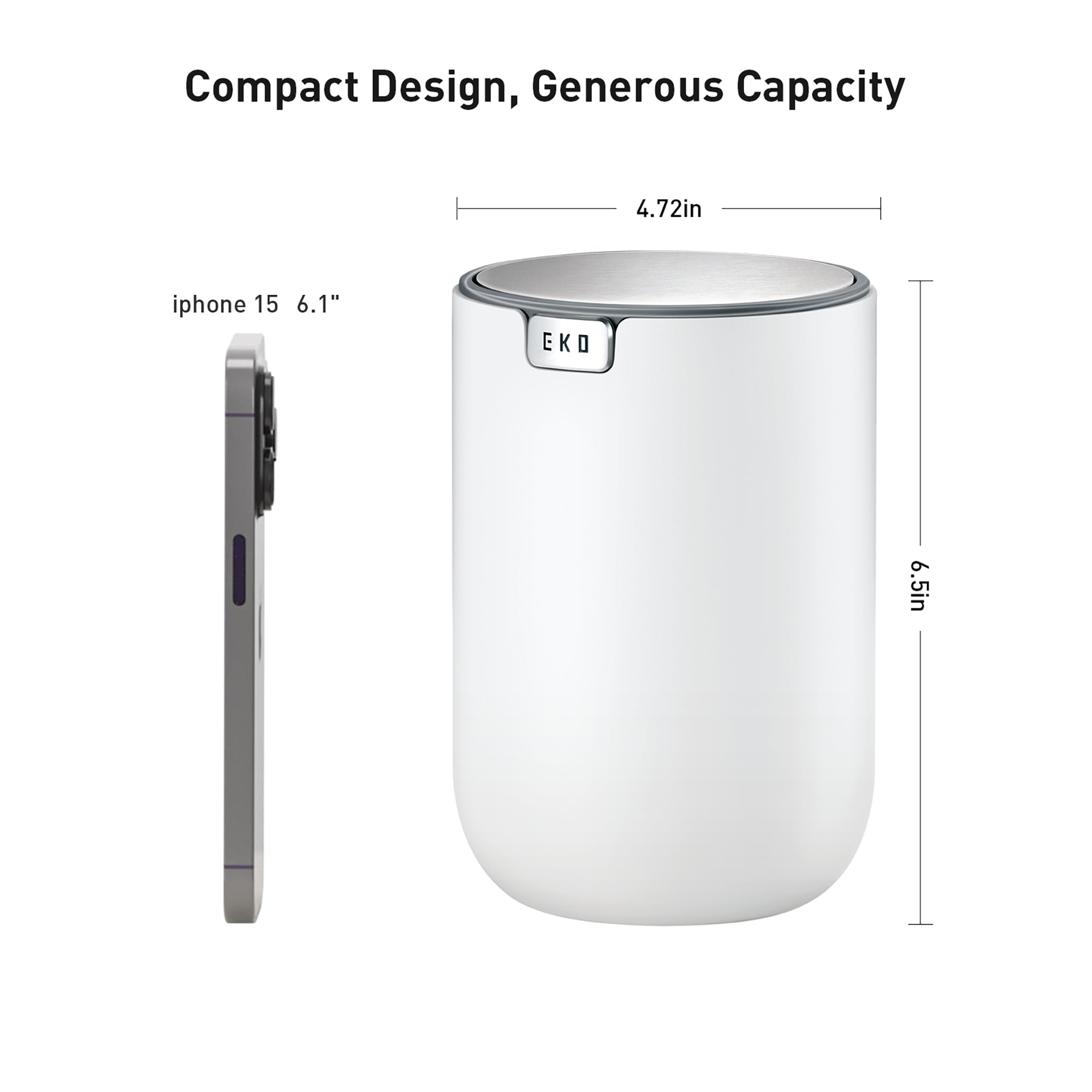 EKO Fandy Table Bin with Swing-Top Lid - White 1.5L / 0.4 Gal – Dimensions