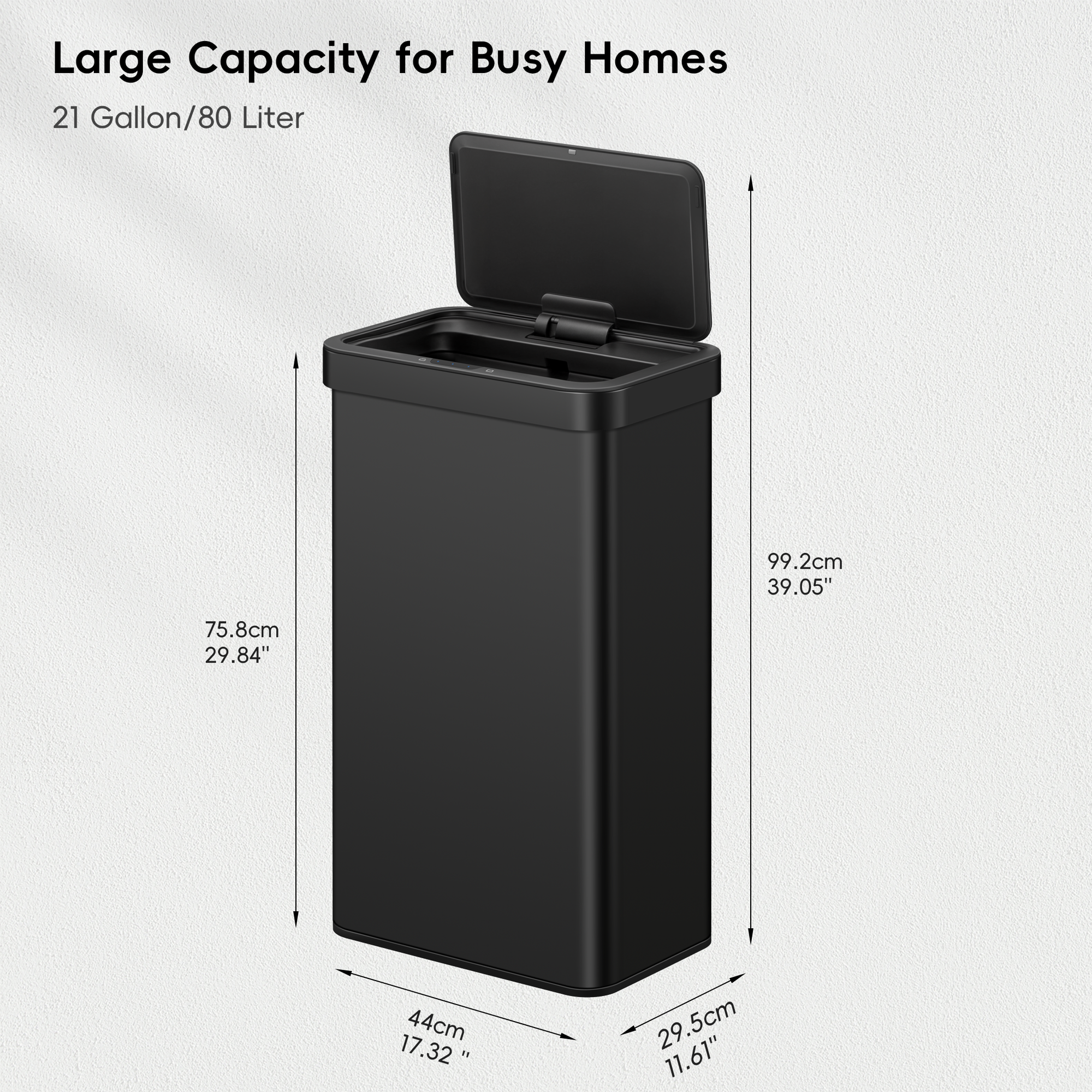 EKO Nova 21 Gallon/80 Liter Black Stainless Steel Rectangular Touchless Motion Sensor Trash Can – Large Capacity for Busy Homes - 21 Gallon/80 Liter