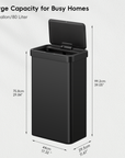 EKO Nova 21 Gallon/80 Liter Black Stainless Steel Rectangular Touchless Motion Sensor Trash Can – Large Capacity for Busy Homes - 21 Gallon/80 Liter