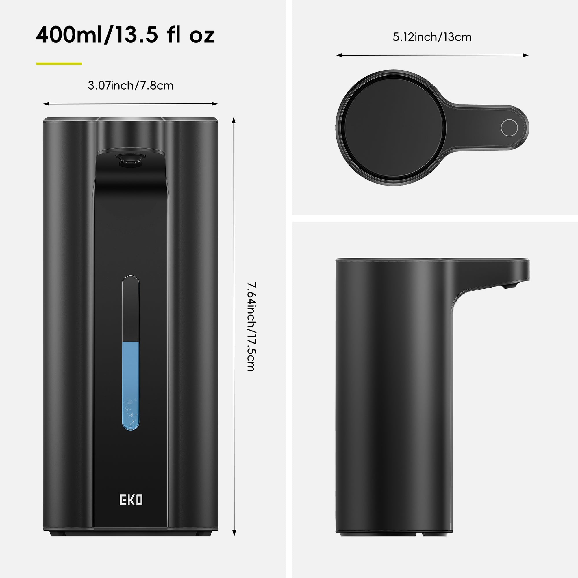 EKO Aroma Pro 13.5 fl oz Touchless Automatic Liquid Soap Dispenser-Matte Black – Dimensions
