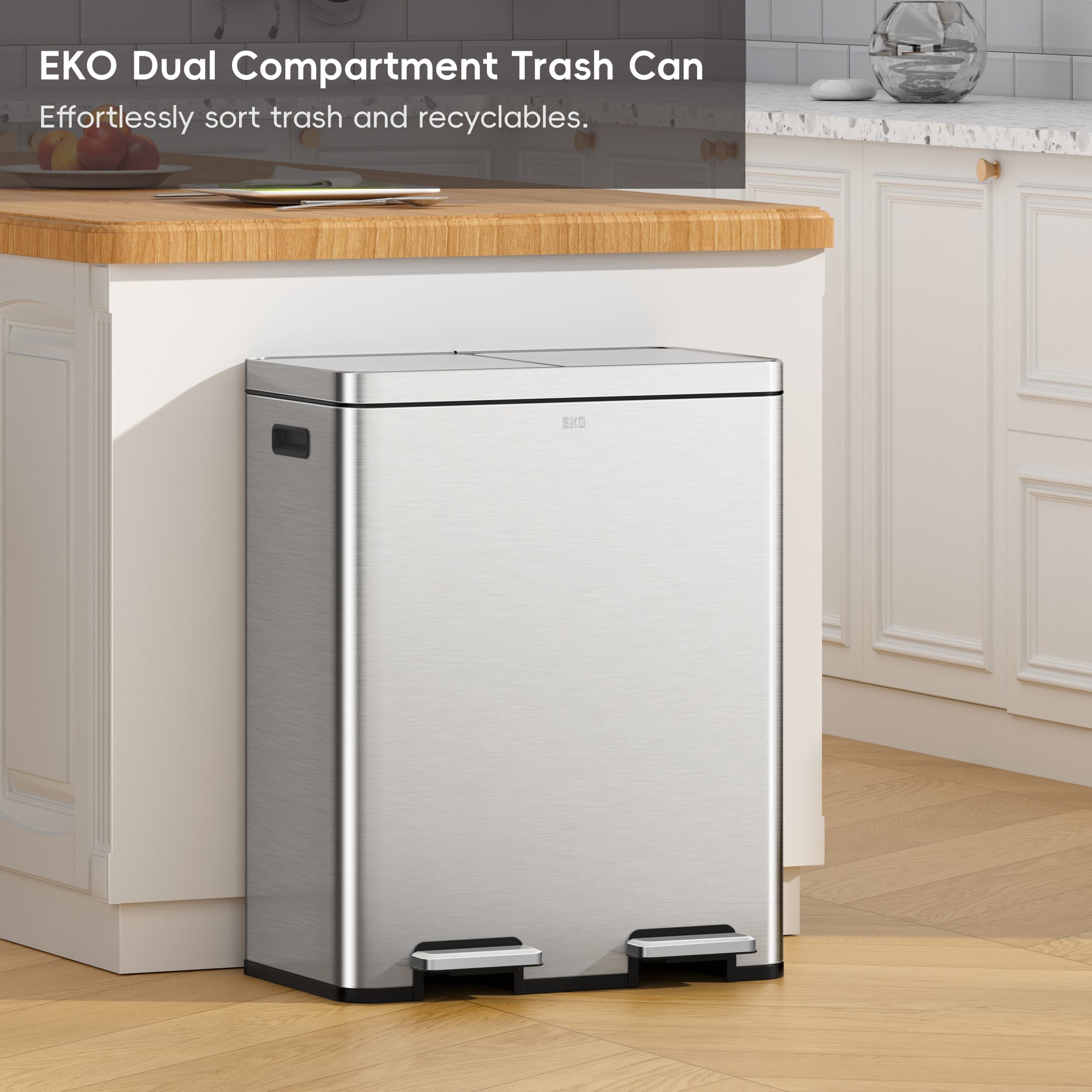 EKO Edison Dual Kitchen Trash Can 8+8 Gallons with Dual Removable Inner Liners – Effortlessly sort trash and recyclables