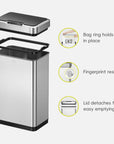 EKO Trash Can is showcased with diagrams illustrating its design features. Text highlights the "Bag ring holds a bag in place," "Fingerprint resistant," and "Detachable lid for easy emptying."