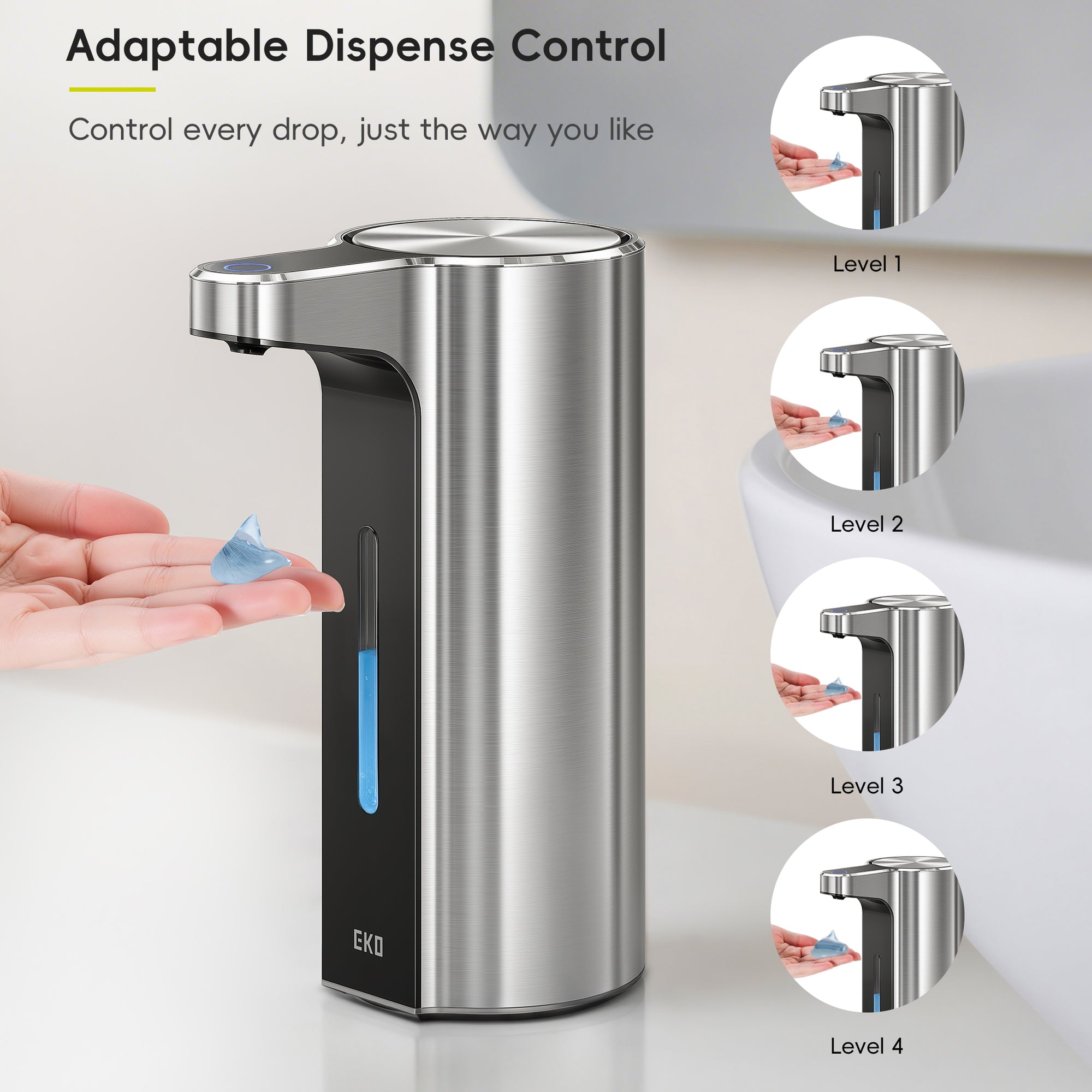 EKO Aroma Pro 13.5 fl oz Touchless Automatic Liquid Soap Dispenser-Stainless Steel – Adaptable Dispense Control