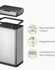 EKO Mirage-T 50 Liter / 13.2 Gallon Stainless Steel Motion Sensor Can – Bag ring holds bag in place - Fingerprint resistant - Lid detaches for easy emptying