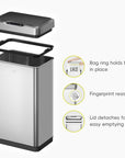 EKO Mirage-T 50 Liter / 13.2 Gallon Stainless Steel Motion Sensor Can – Bag ring holds bag in place - Fingerprint resistant - Lid detaches for easy emptying