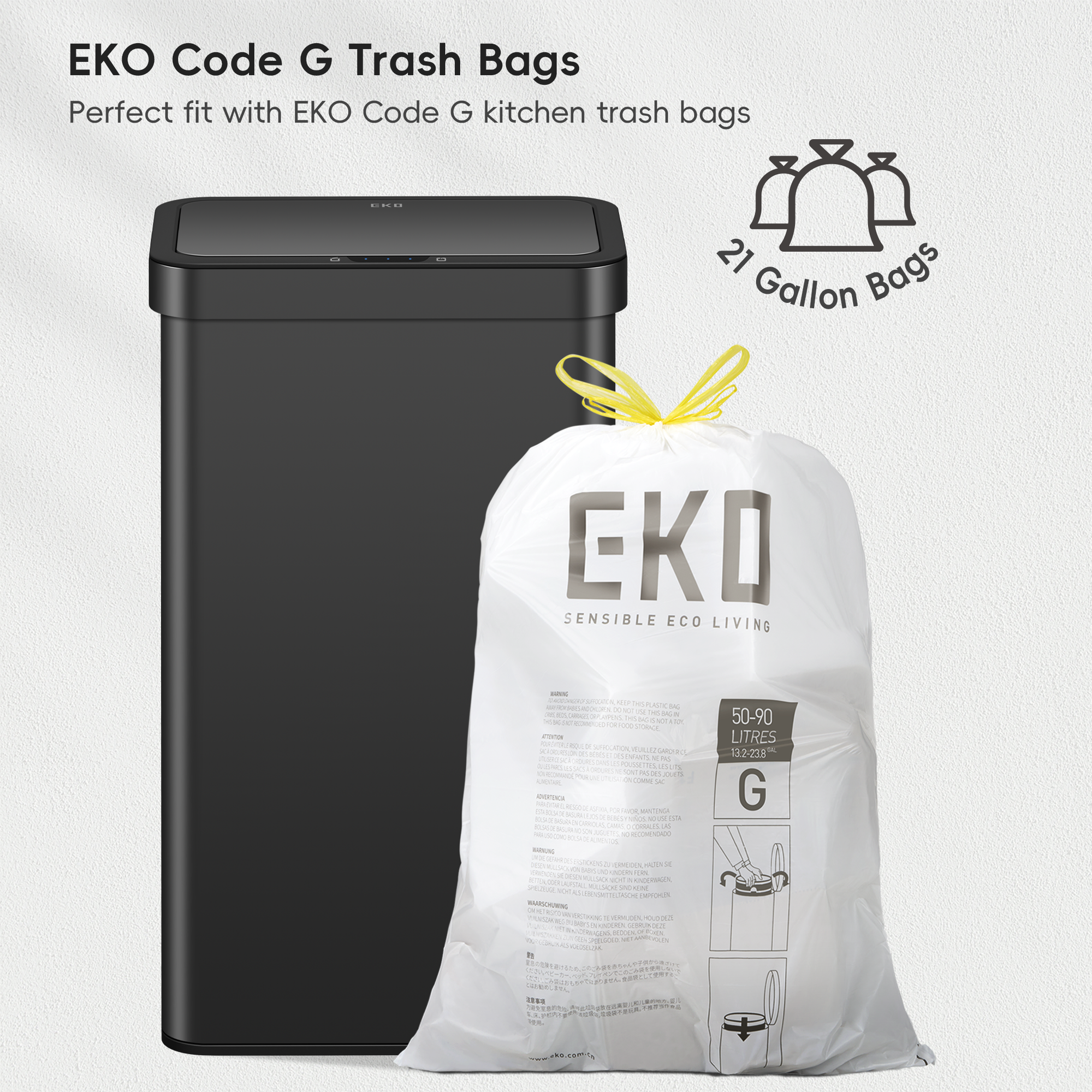 EKO Nova 21 Gallon/80 Liter Black Stainless Steel Rectangular Touchless Motion Sensor Trash Can – Perfect fit with EKO Code G kitchen trash bags