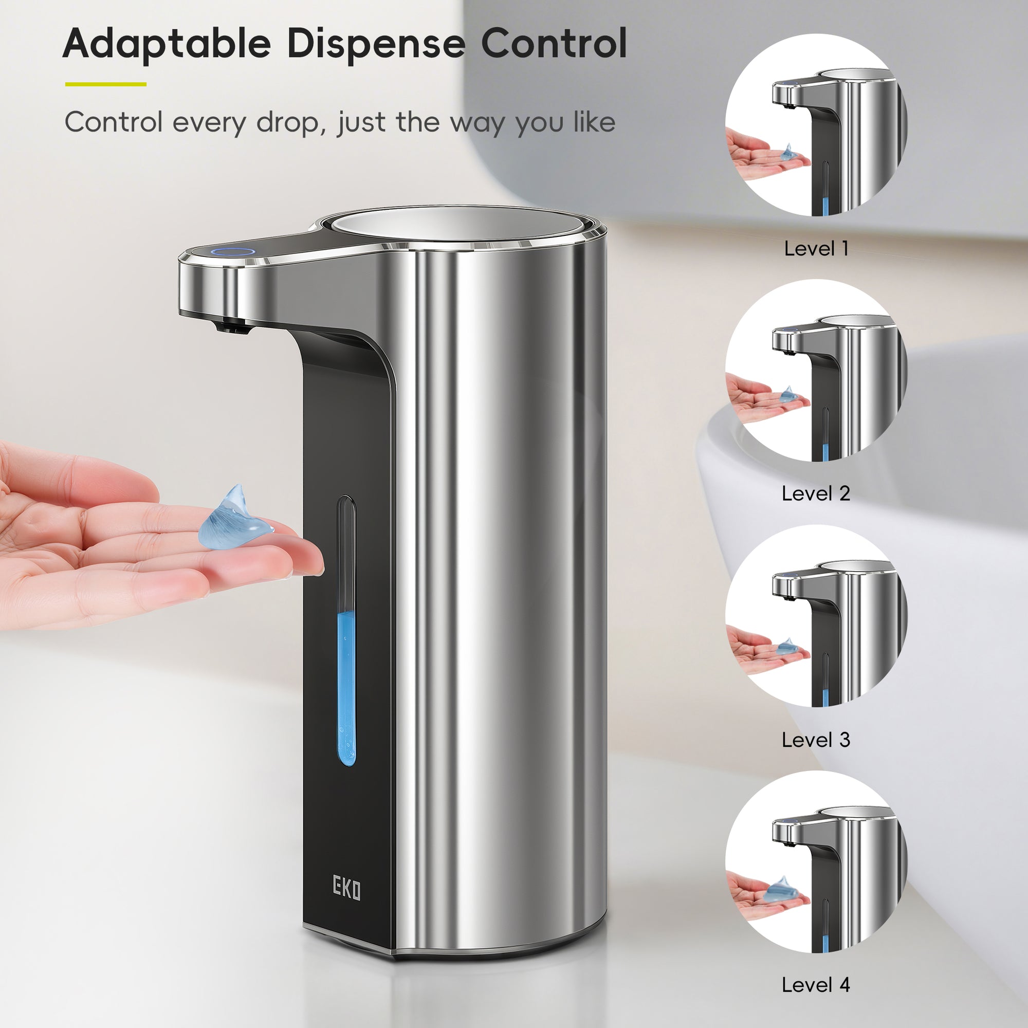 EKO Aroma Pro 13.5 fl oz Touchless Automatic Liquid Soap Dispenser-Chrome Metallic – Adaptable Dispense Control
