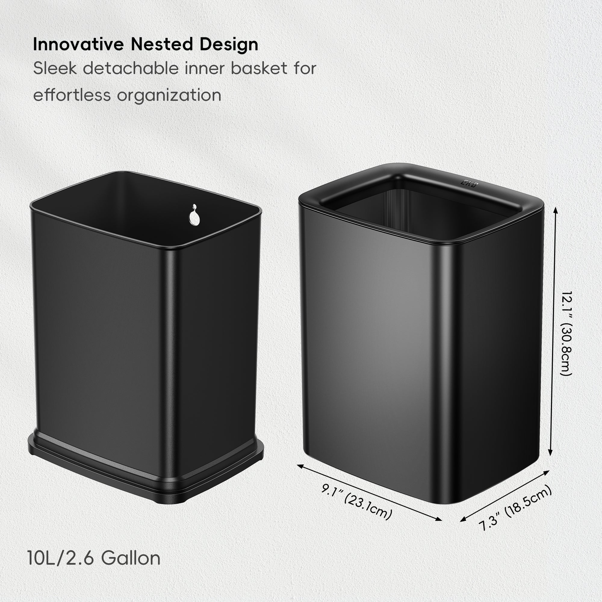 EKO Laguna 2.6 Gallon/10L Open Top Trash Can with Removable Inner Basket, Matte Black – Innovative Nested Design - Sleek detachable inner basket for effortless organization