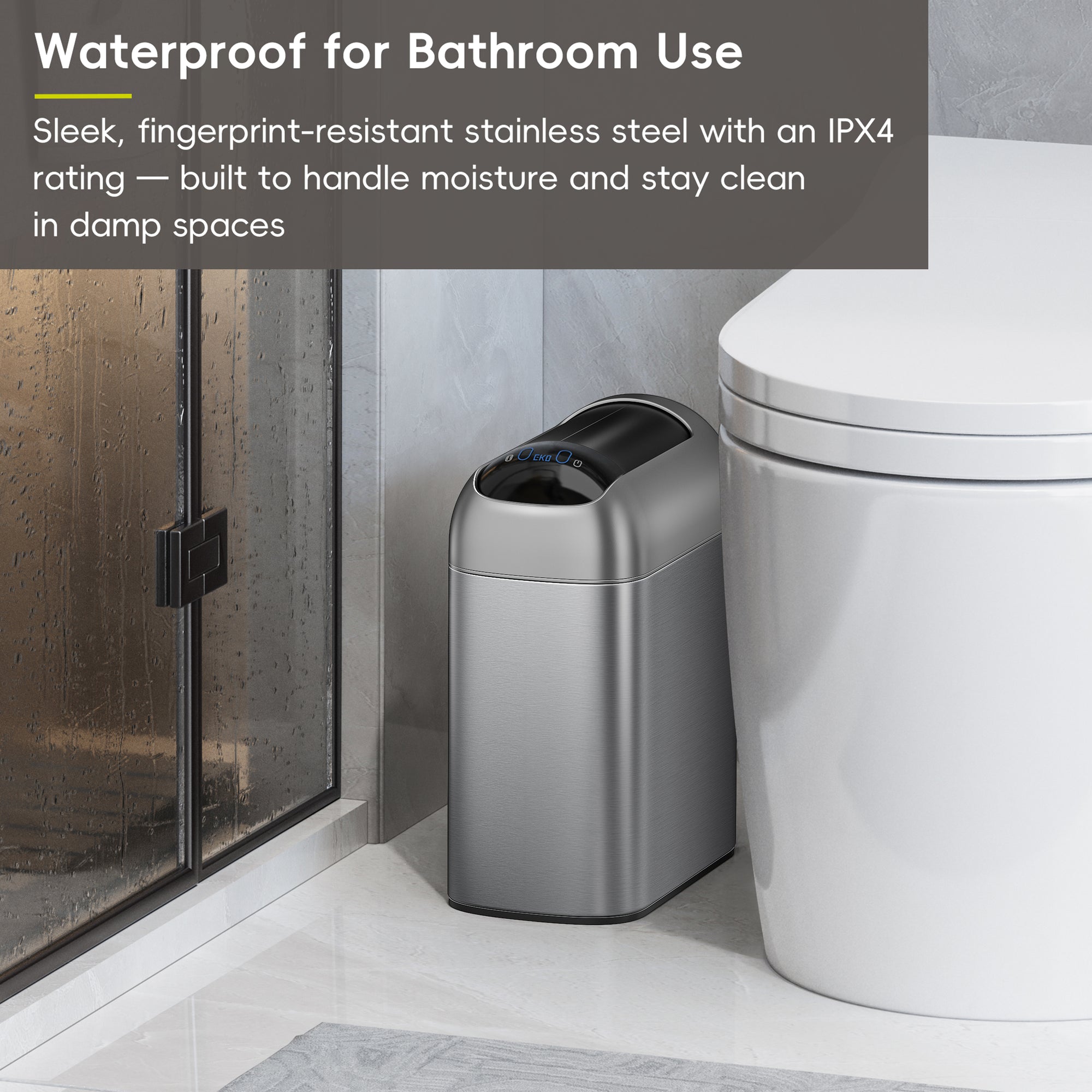 EKO Astro 10L / 2.6 Gallon Slim Sensor Trash Can with Butterfly Lid-Matte Stainless Steel – Waterproof for Bathroom Use
