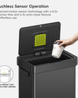 A hand places a paper cup into EKO trash can featuring a touchless sensor. Text reads: "Touchless Sensor Operation. Advanced motion sensor technology with a 0.2s response time and a 5s auto-close feature for effortless use. Keep a minimal 1 foot clearance under cabinets."