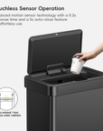 A modern black, sensor-operated trash can is shown with its lid open, receiving a white cup from a hand. Text describes "Touchless Sensor Operation," featuring "Advanced motion sensor technology with a 0.2s response time and a 5s auto-close feature for effortless use." It also advises to "Keep a minimal 1 foot clearance under cabinets."