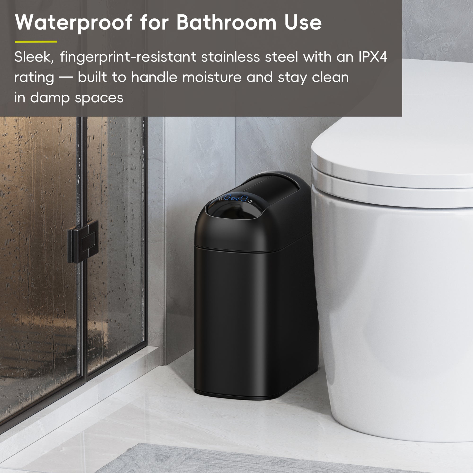 EKO Astro  10L / 2.6 Gallon Slim Sensor Trash Can with Soft-Close Butterfly Lid-Matte Black – Waterproof for Bathroom Use