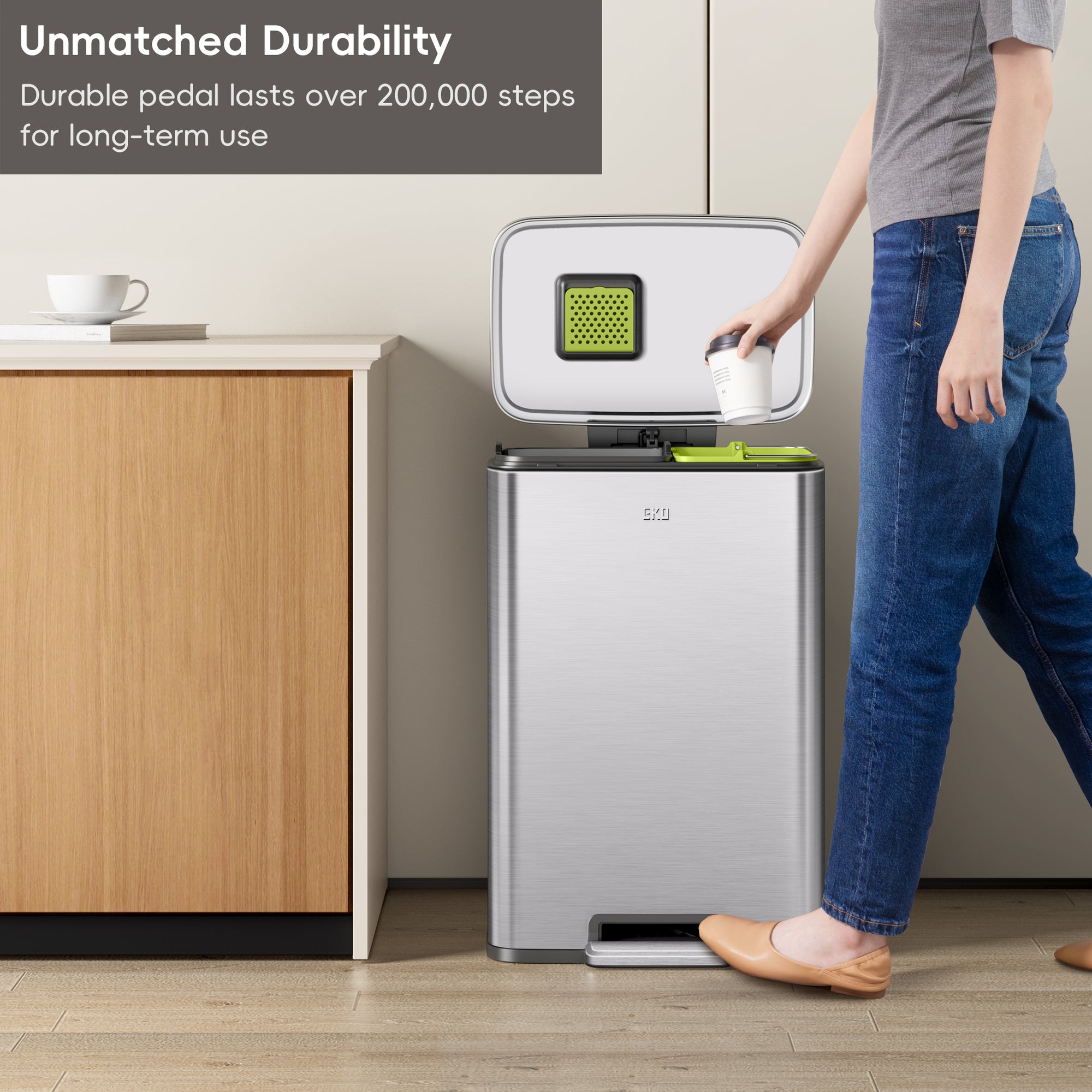 EKO Madison 25L+20L Dual Compartment Step Trash Can - Brushed Stainless – Unmatched Durability - Durable pedal lasts over 200,000 steps for long-term use