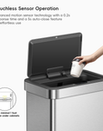 A hand places a paper cup into EKO Trash Can featuring a touchless sensor. Text reads: "Touchless Sensor Operation. Advanced motion sensor technology with a 0.2s response time and a 5s auto-close feature for effortless use. Keep a minimal 1 foot clearance under cabinets."