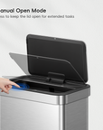 EKO Nova 21 Gallon/80 Liter Stainless Steel Motion Sensor Trash Can – Manual Open Mode - Press to keep the lid open for extended tasks