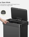 EKO Trash Can with open lid and hand pressing the "Stay Open Mode" button.