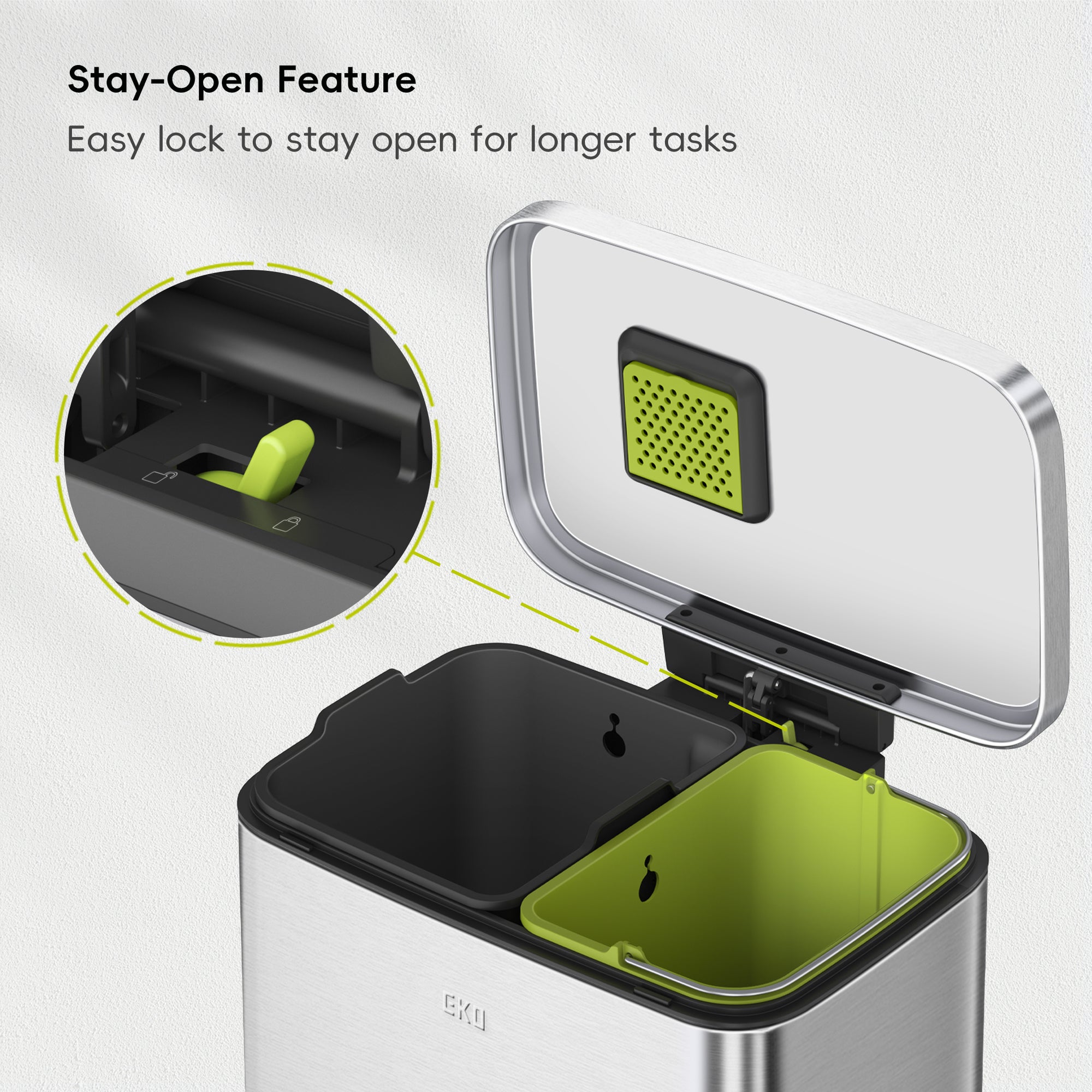 EKO Madison 25L+20L Dual Compartment Step Trash Can - Brushed Stainless – Stay-Open Feature - Easy lock to stay open for longer tasks