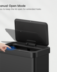 EKO Nova 21 Gallon/80 Liter Black Stainless Steel Rectangular Touchless Motion Sensor Trash Can – Manual Open Mode - Press to keep the lid open for extended tasks