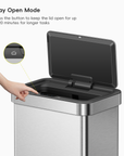 A hand interacts with trash can lid. Text labels this process: "Stay Open Mode. Press the button to keep the lid open for up to 20 minutes for longer tasks."