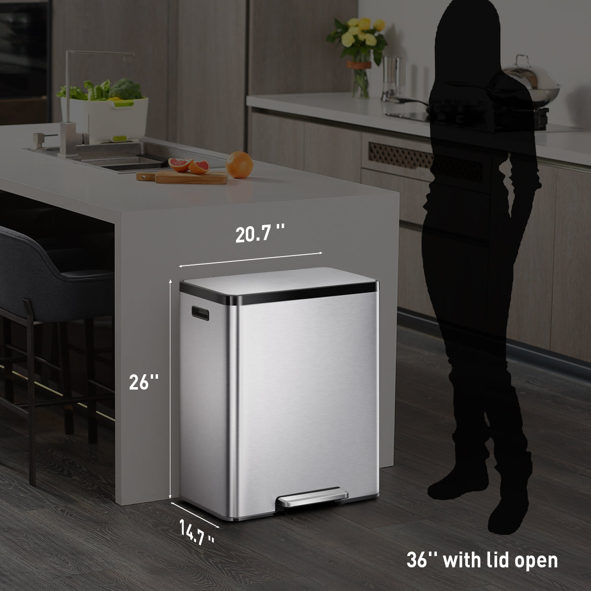 EKO EcoCasa II Step Recycling Can - Dual Compartment 20L+20L – Dimensions