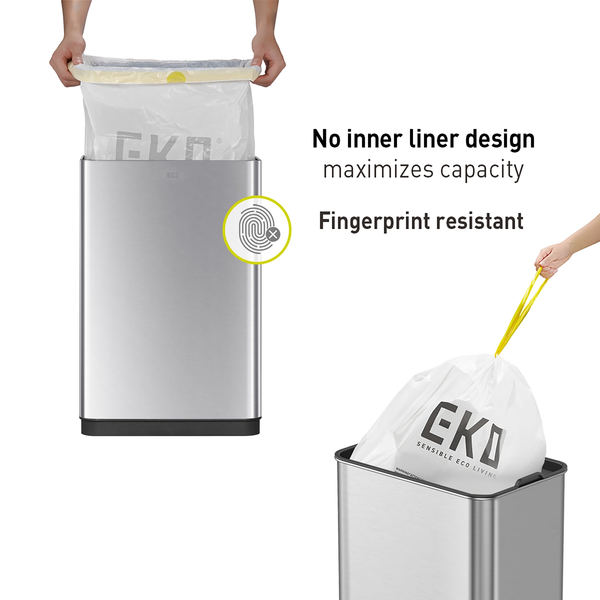 Eko Mirage-T 50 Liter / 13.2 Gallon Rectangular Motion Sensor Trash Can Brushed Stainless Steel Finish