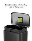 EKO Madison Step Can with Liner – 50L / 13.2 Gal – Matte Black – Raised inner liner with handles, easy to change bags