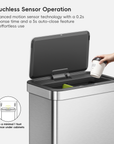 A hand places a paper cup into EKO trash can featuring a touchless sensor. Text reads: "Touchless Sensor Operation. Advanced motion sensor technology with a 0.2s response time and a 5s auto-close feature for effortless use. Keep a minimal 1 foot clearance under cabinets."