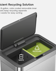 EKO Econova 8+8 Gallon Dual Compartments Motion Sensor Trash Can. Featured text: "Efficient Recycling Solution. Two 8-gallon, color-coded removable inner buckets keep recycling separate from waste for easy sorting"