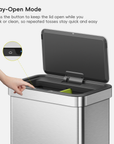 A hand interacts with an EKO trash can lid. Text labels this process: "Stay-Open Mode Press the button to keep the lid open while you cook or clean, so repeated tosses stay quick and easy."