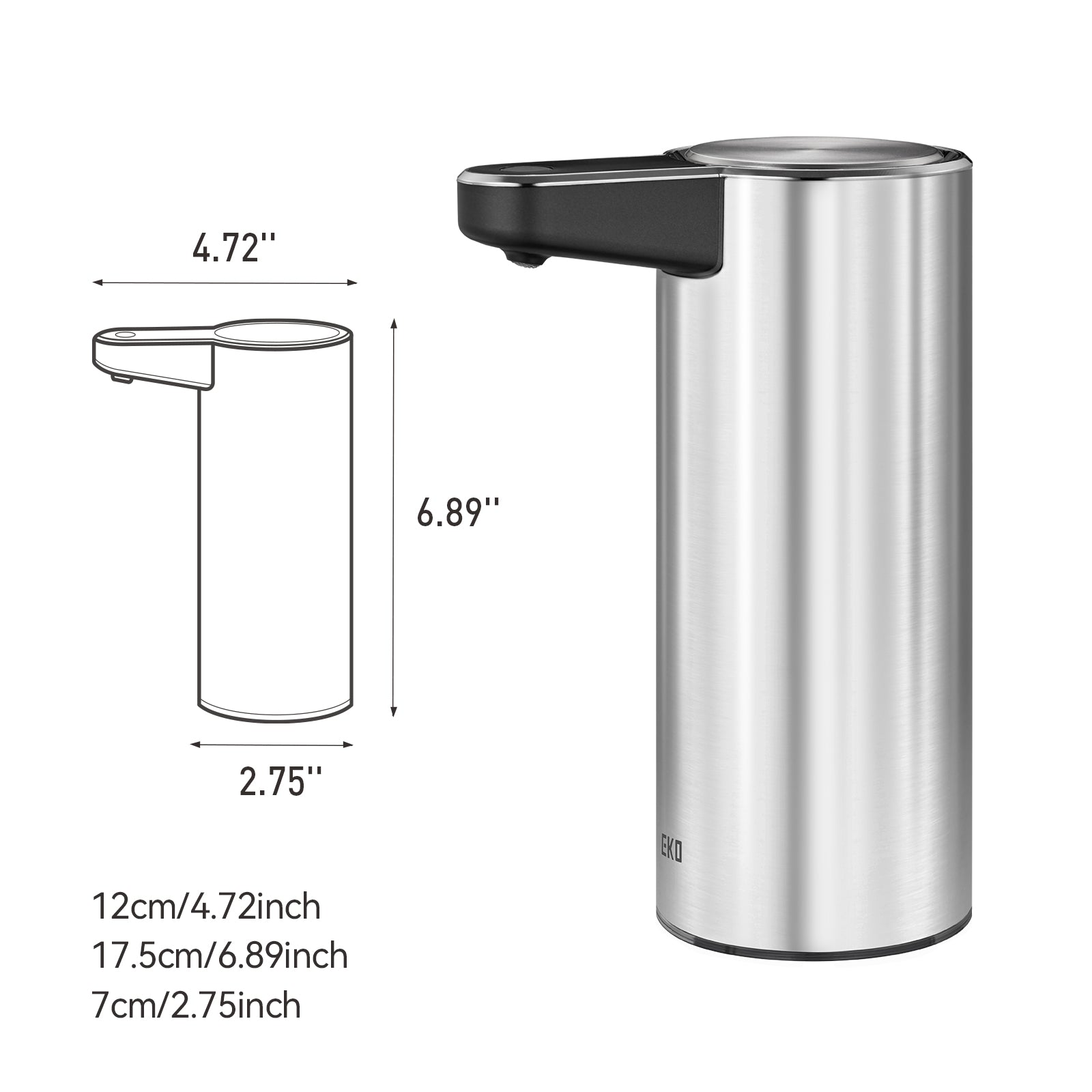 EKO Deluxe Aroma Smart Liquid Soap Dispenser - Stainless Steel – Dimensions