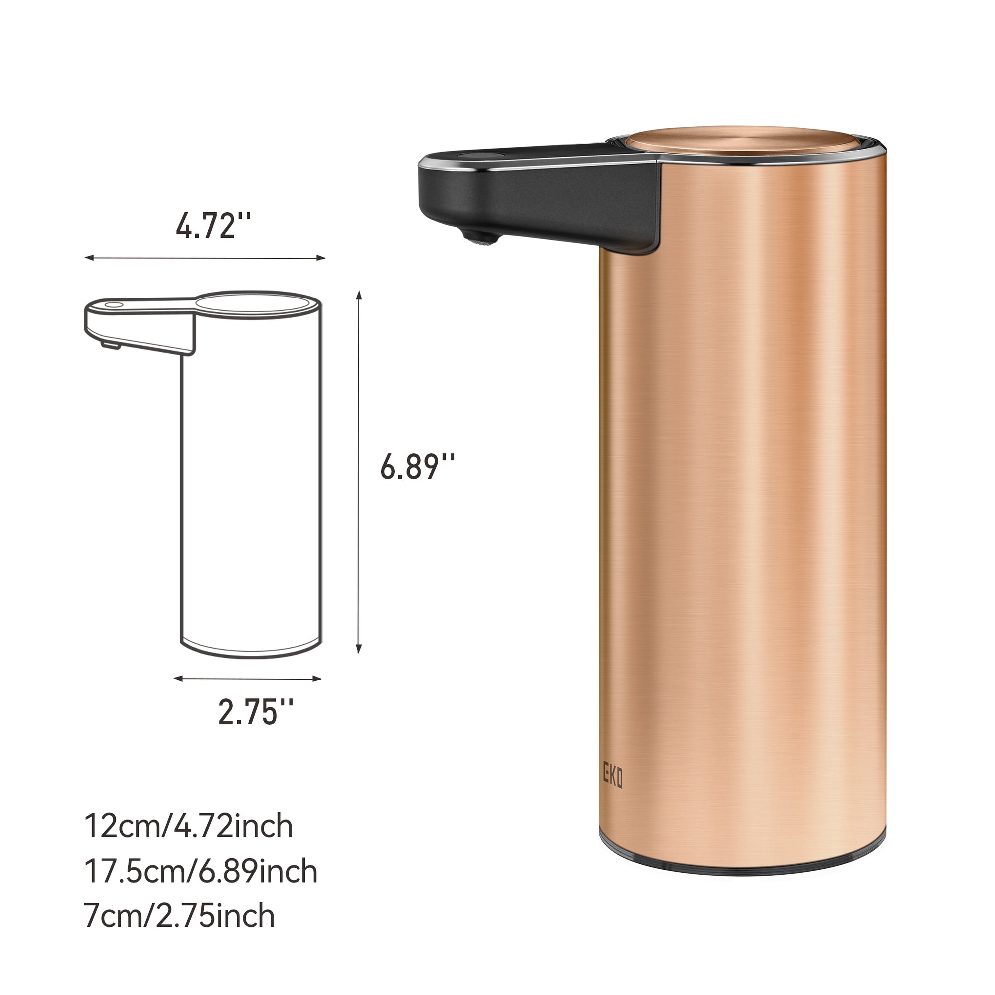EKO Deluxe Aroma Smart Liquid Soap Dispenser - Rose Gold – Dimensions