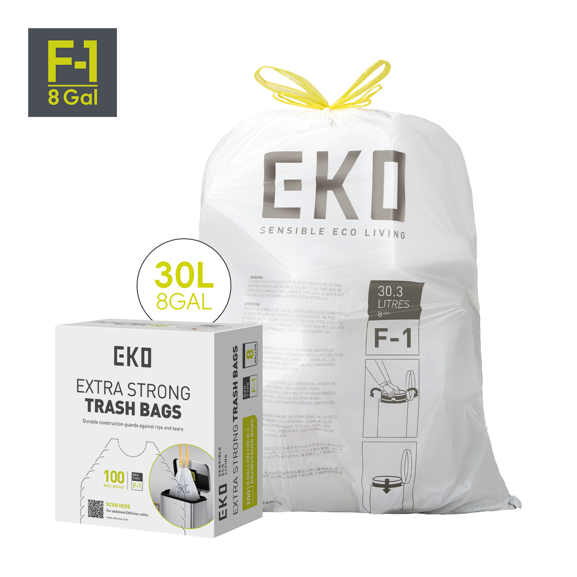 Code F-1 Slim - 8 Gallon Garbage Bags - 100 Count (30.3L)