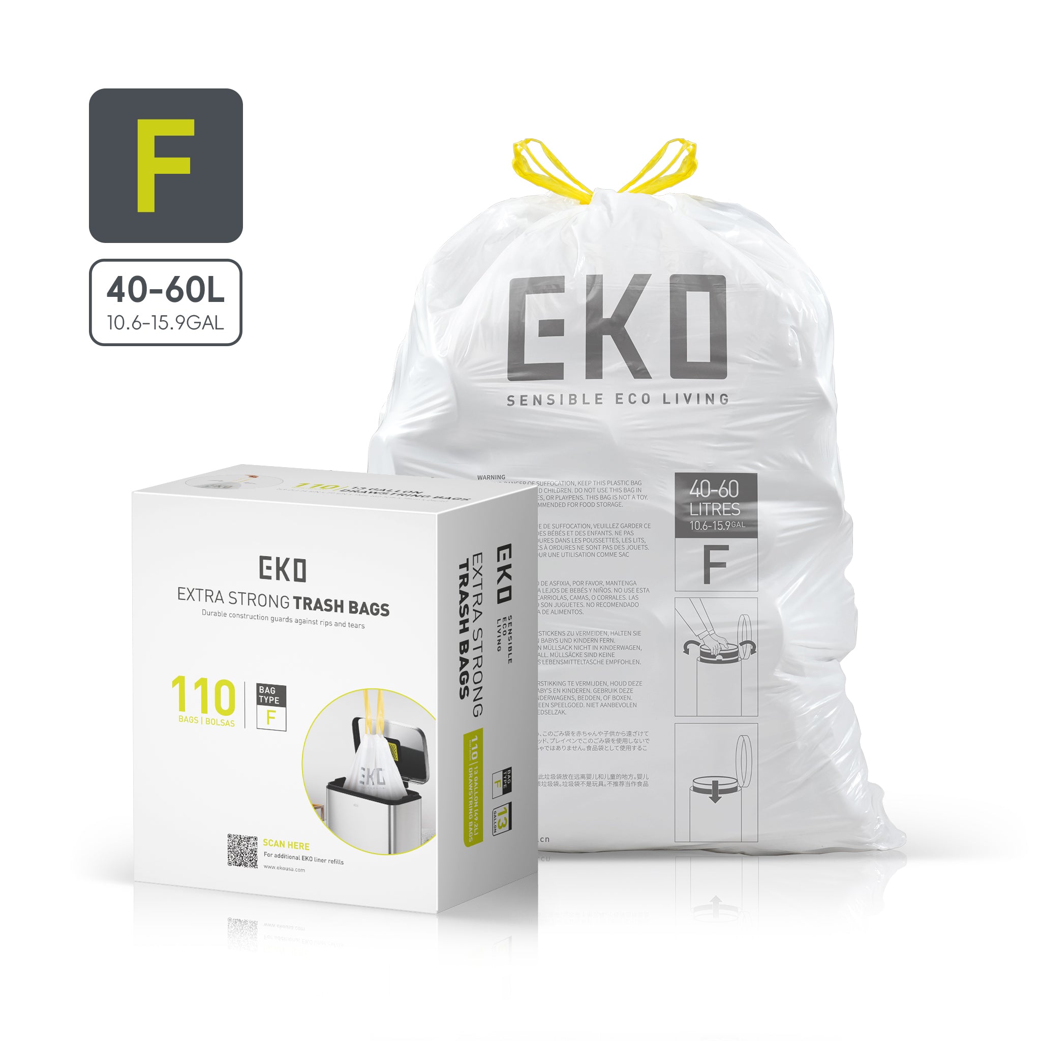 Code F - 13 Gallon Easy-Dispense Roll Trash Bag - 110 Count (50L