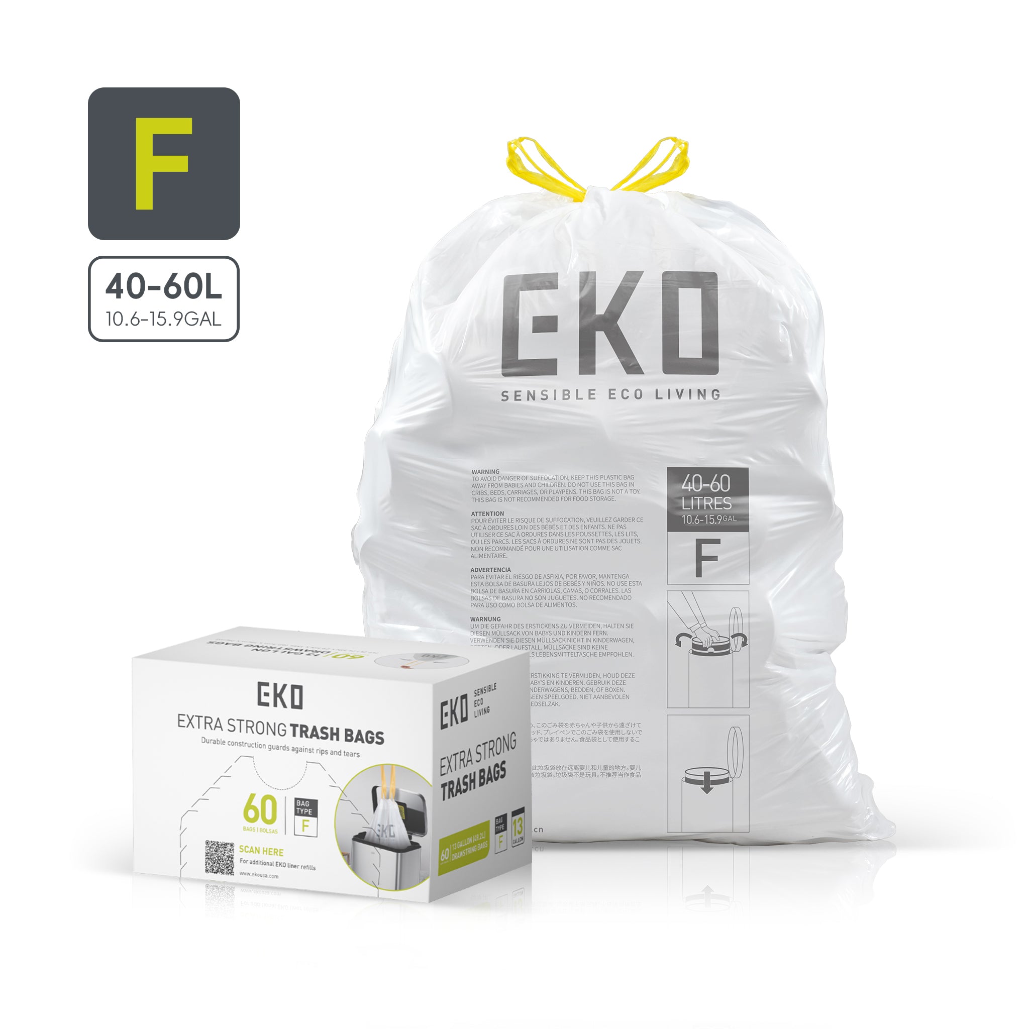 Code F - 13 Gallon Easy-Dispense Roll Trash Bag - 60 Count (50L