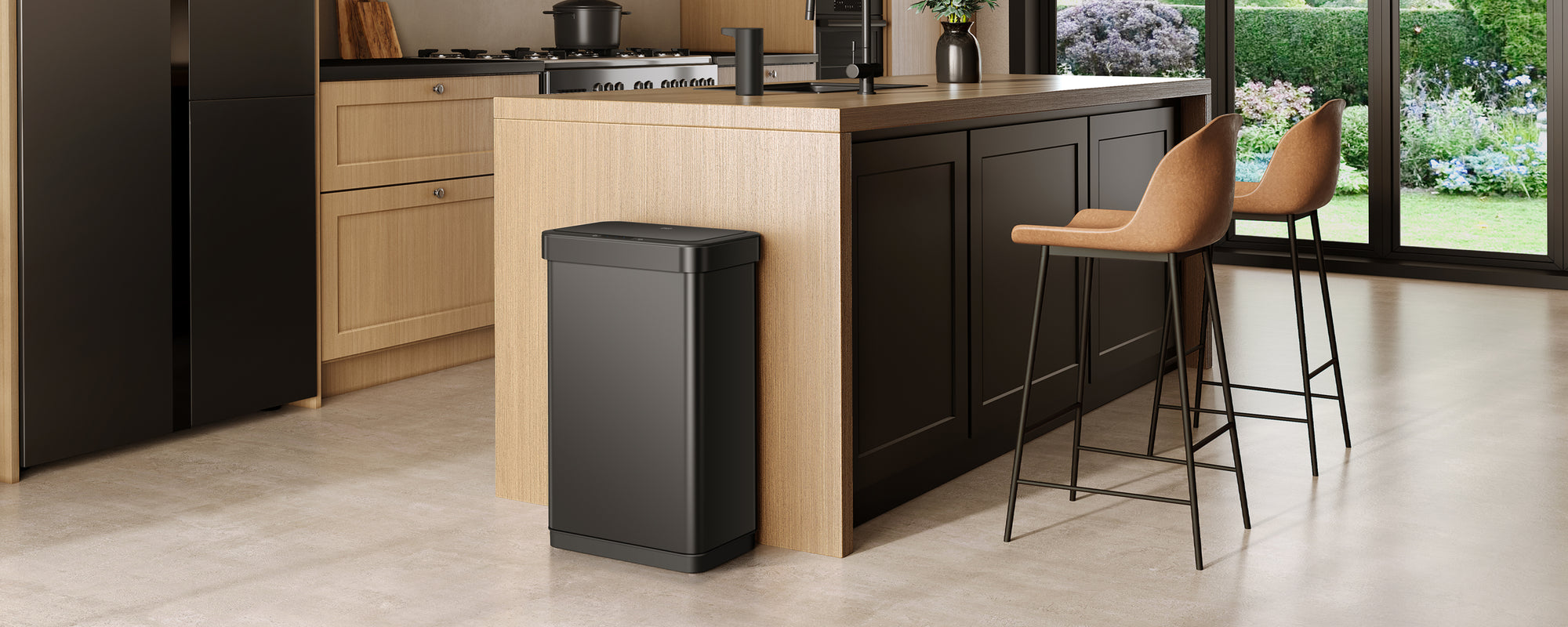 Modern kitchen with an EKO trash can in the foreground.