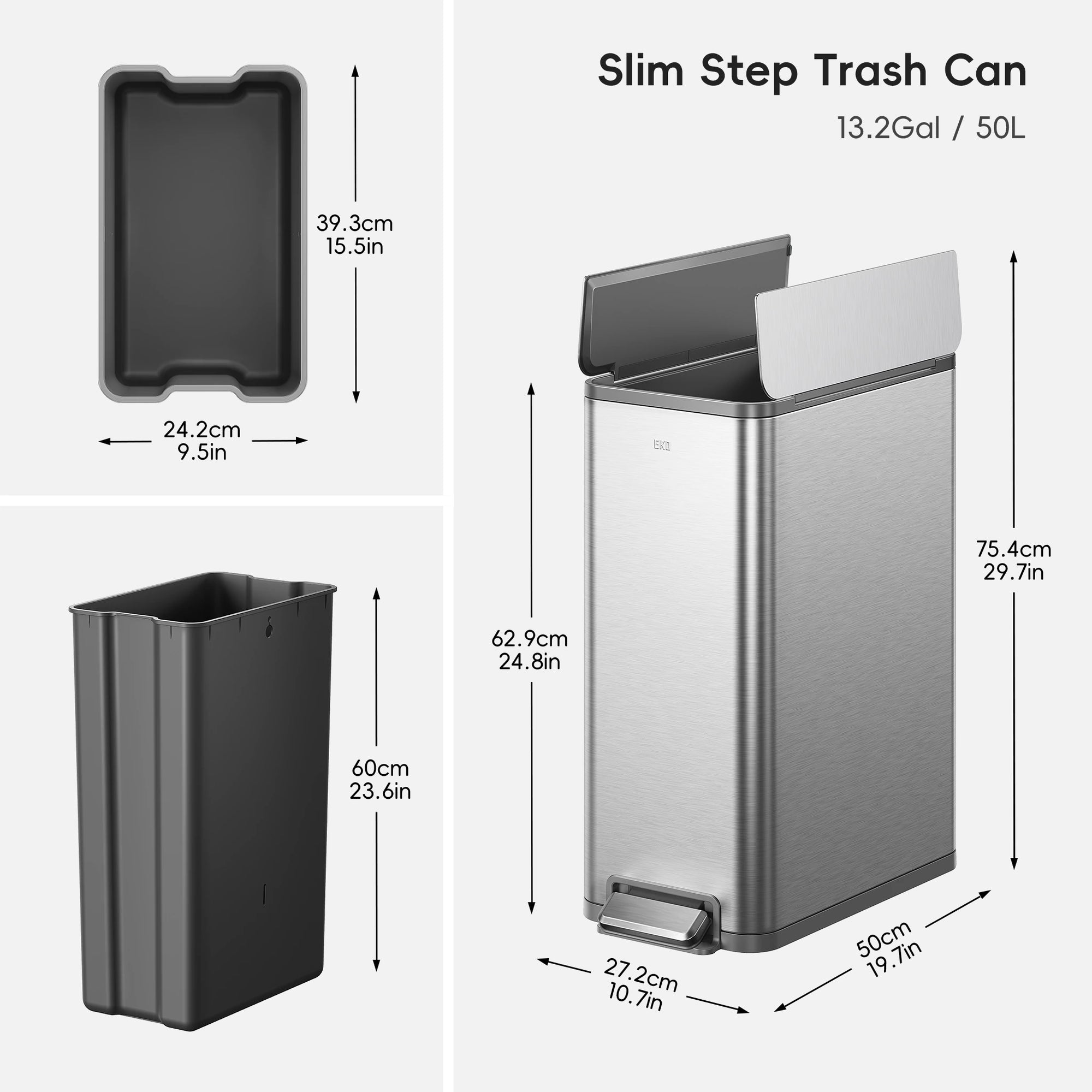 X-Wing 50L / 13.2 Gallon Slim Step Trash Can with Dual Wing Lid
