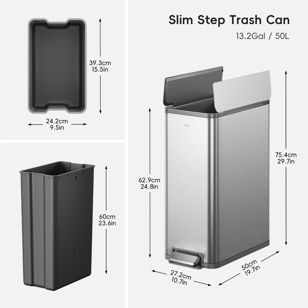 X-Wing 50L / 13.2 Gallon Slim Step Trash Can with Dual Wing Lid