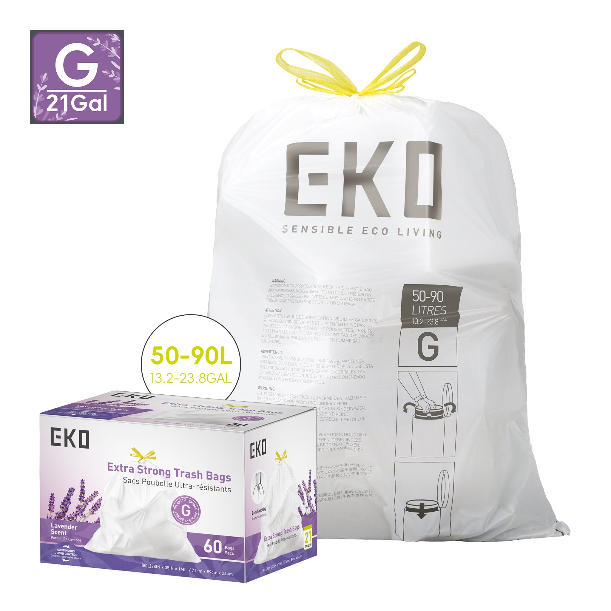 Code G - 21 Gal Easy-Dispense Roll Trash Bag - 60 Count-Lavender