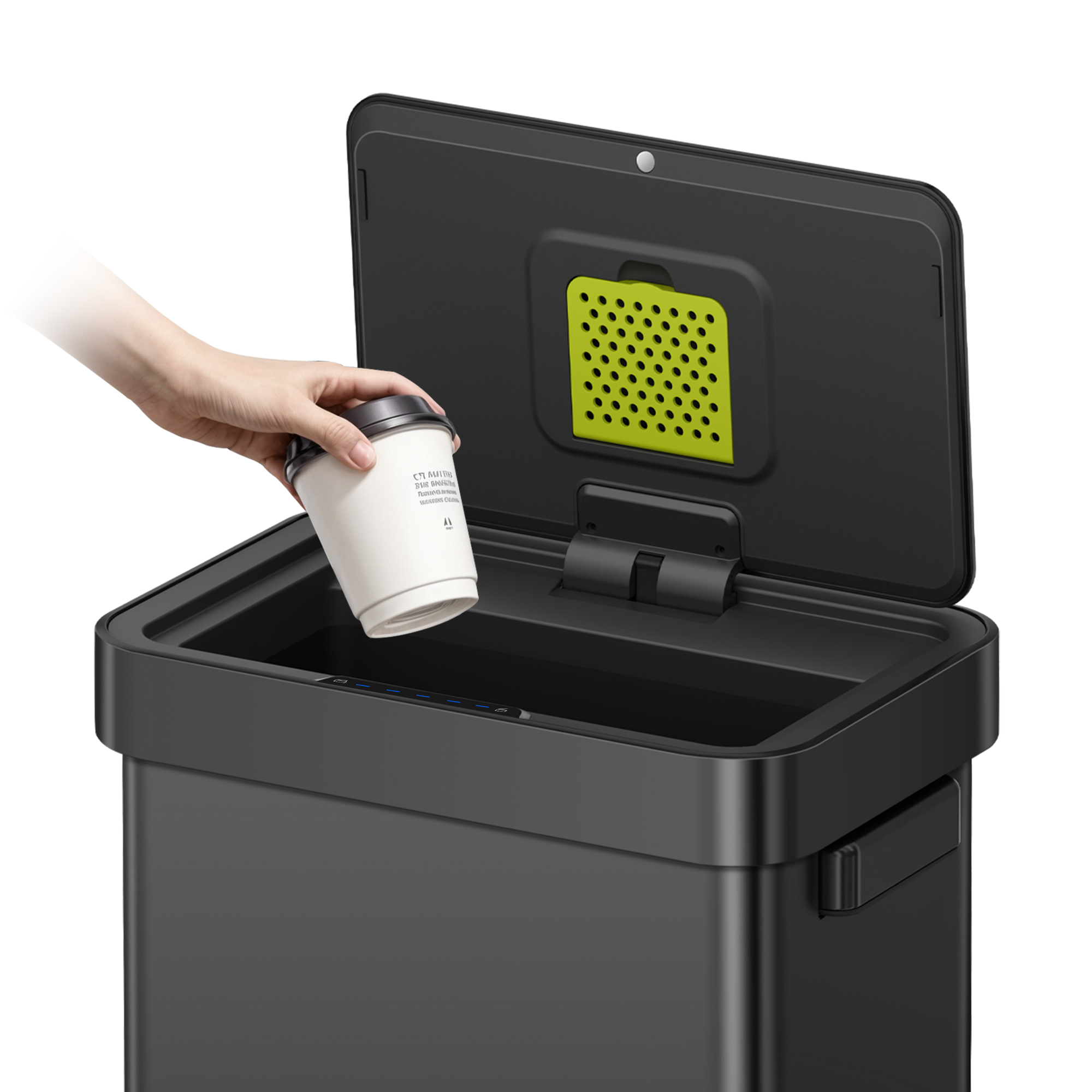 A hand places paper coffee cup into EKO Trash Can with Smart Sensor Technology.
