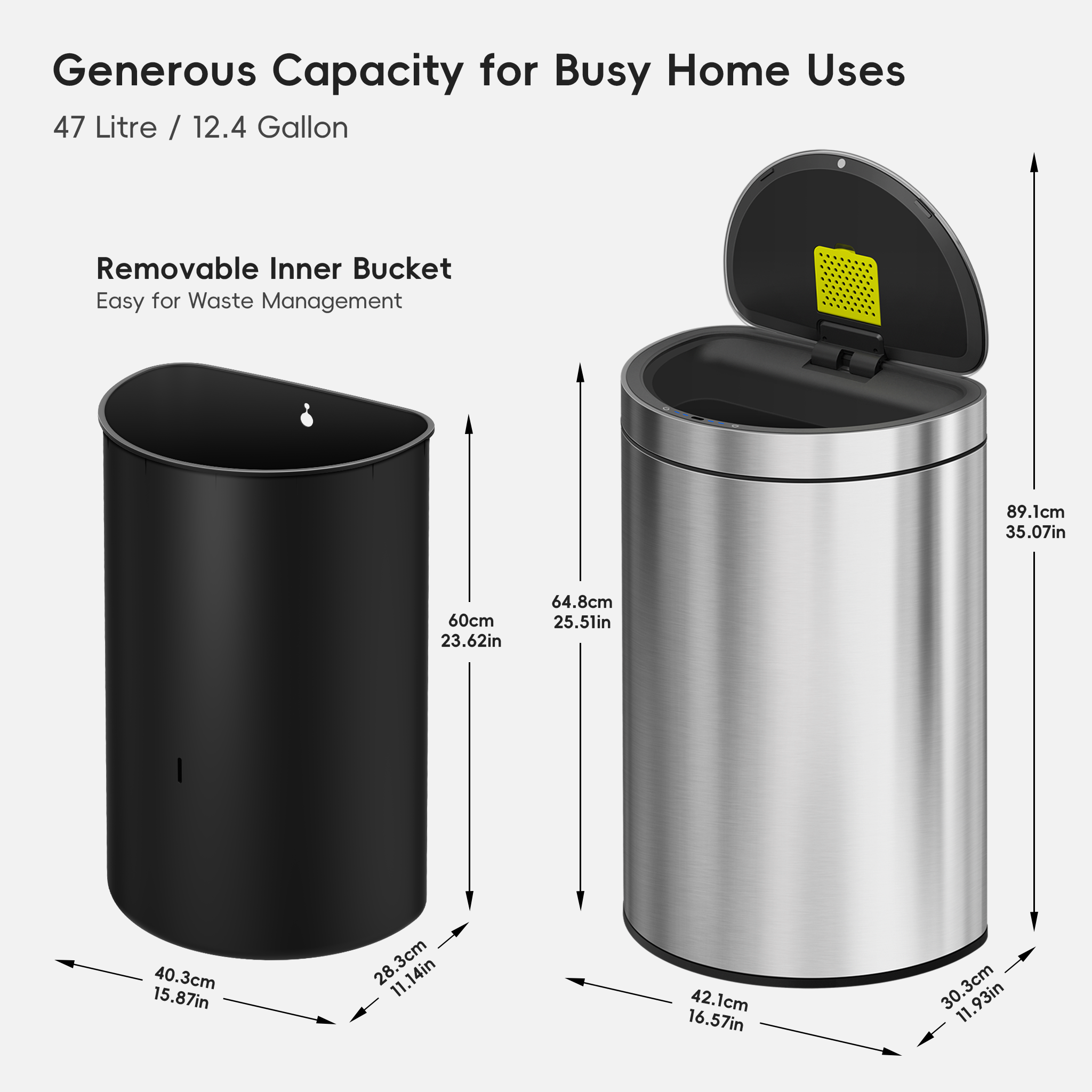 Mirage Semi-Round 47 Liter / 12.4 Gallon Motion Sensor Trash Can - Matte Stainless Steel