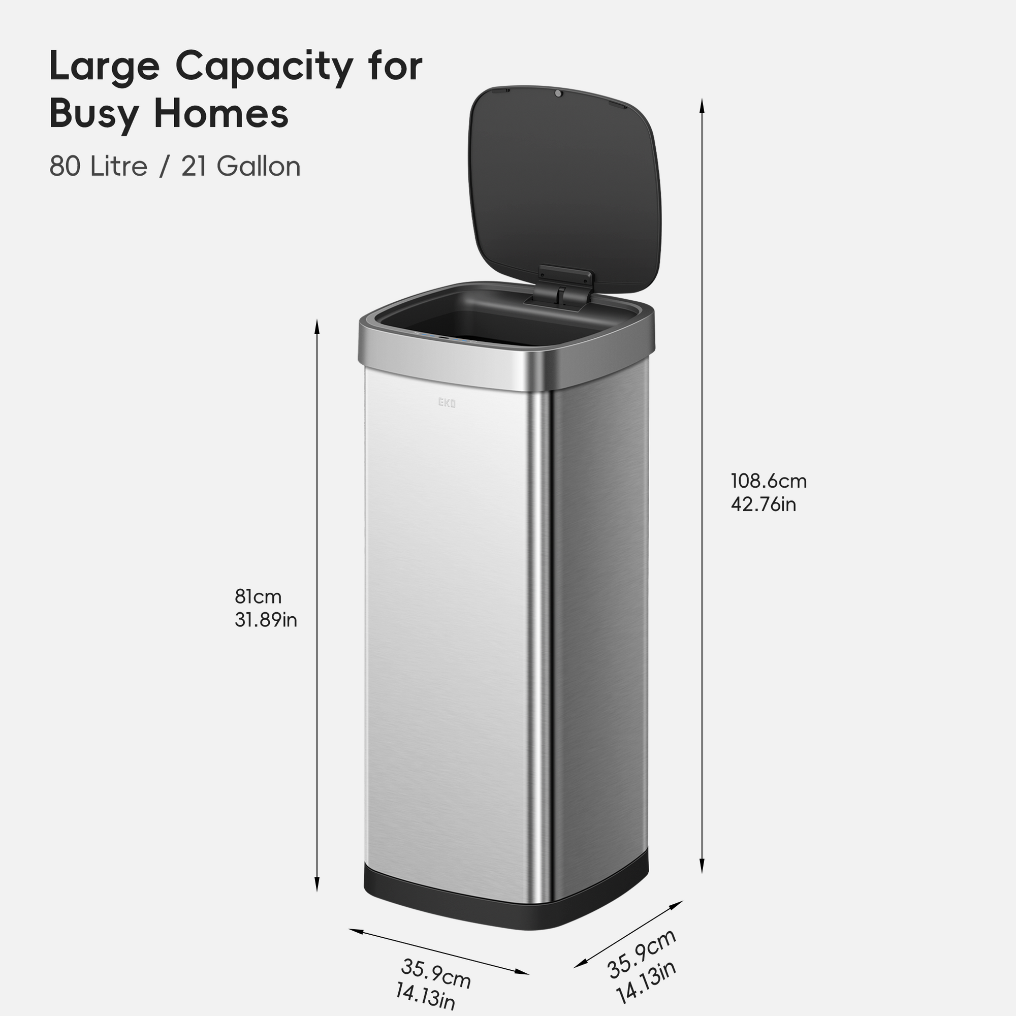 Ecosmart 80L / 21 Gal Motion Sensor Tall and Large Kitchen Trash Can - Stainless Steel