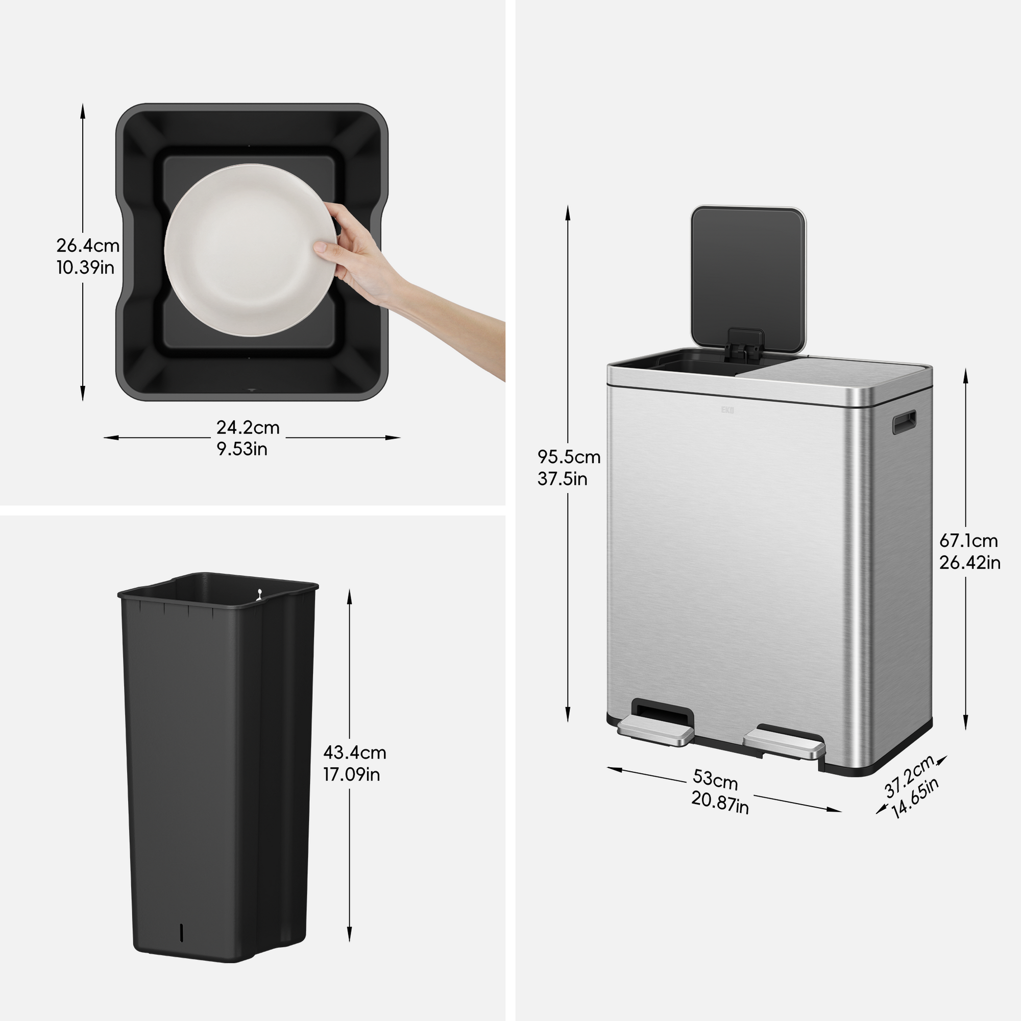 Edison 8+8 Gallons Kitchen Trash Can with Dual Removable Inner Liners