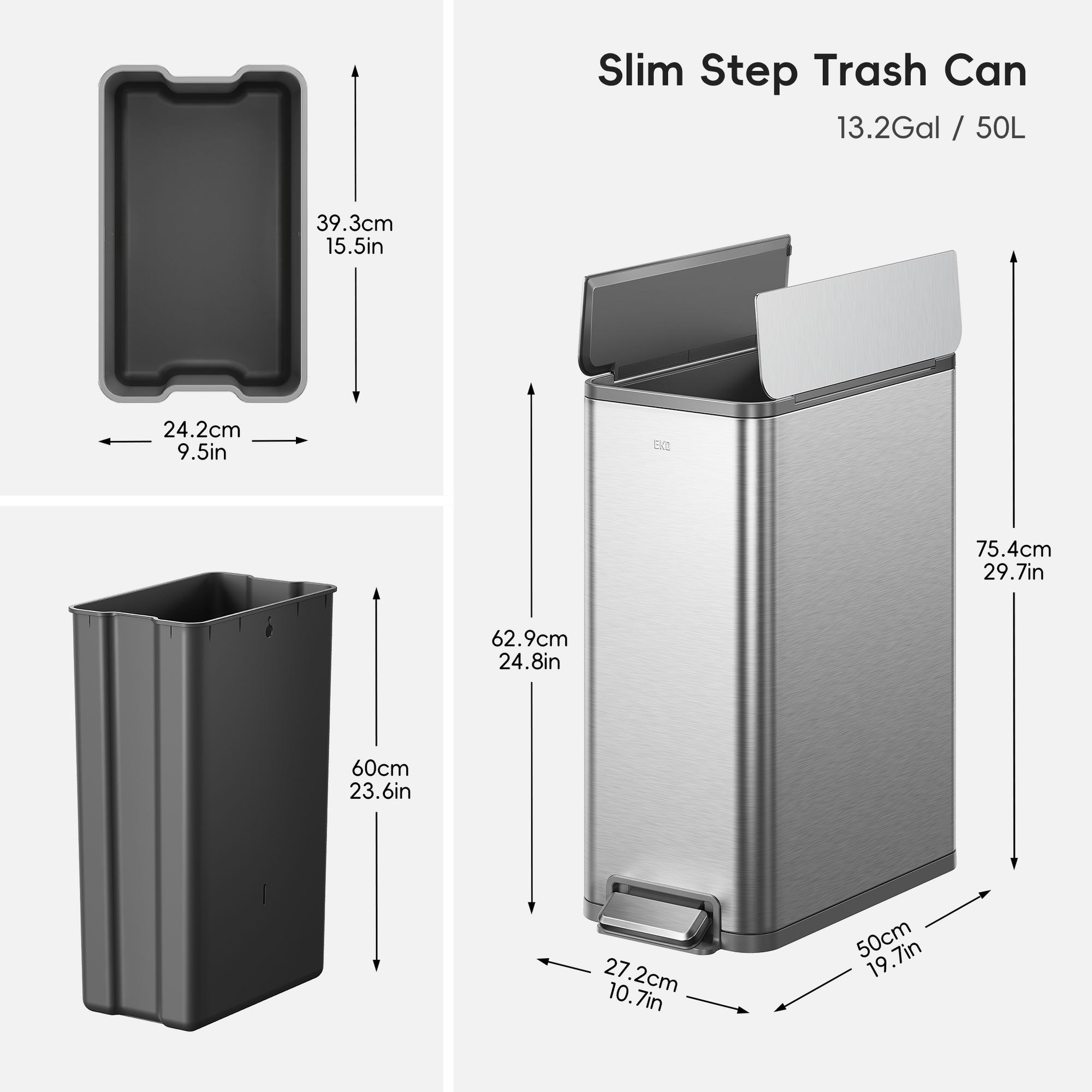 X-Wing 50L / 13.2 Gallon Slim Step Trash Can with Dual Wing Lid