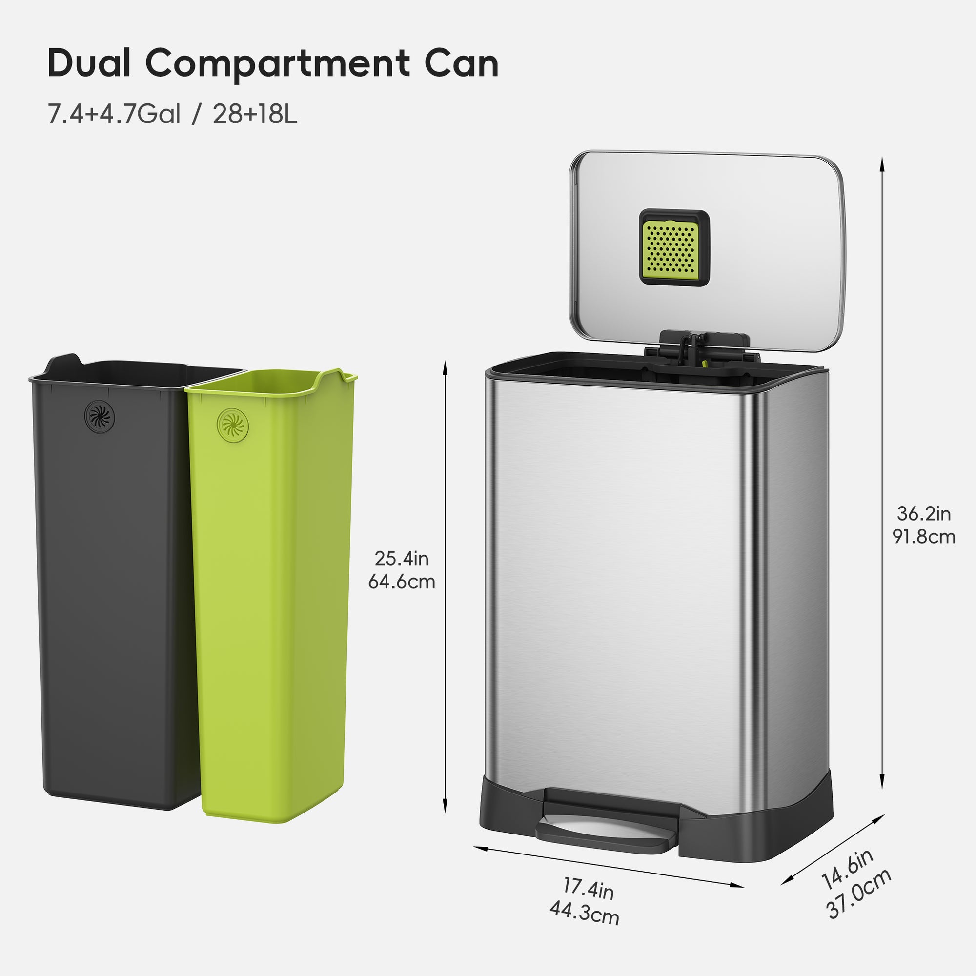 Neo-Cube 28+18L / 7.4+4.8 Gal Dual Compartment Stainless Steel Step Trash Can