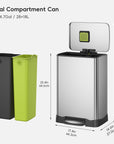 Neo-Cube 28+18L / 7.4+4.8 Gal Dual Compartment Stainless Steel Step Trash Can