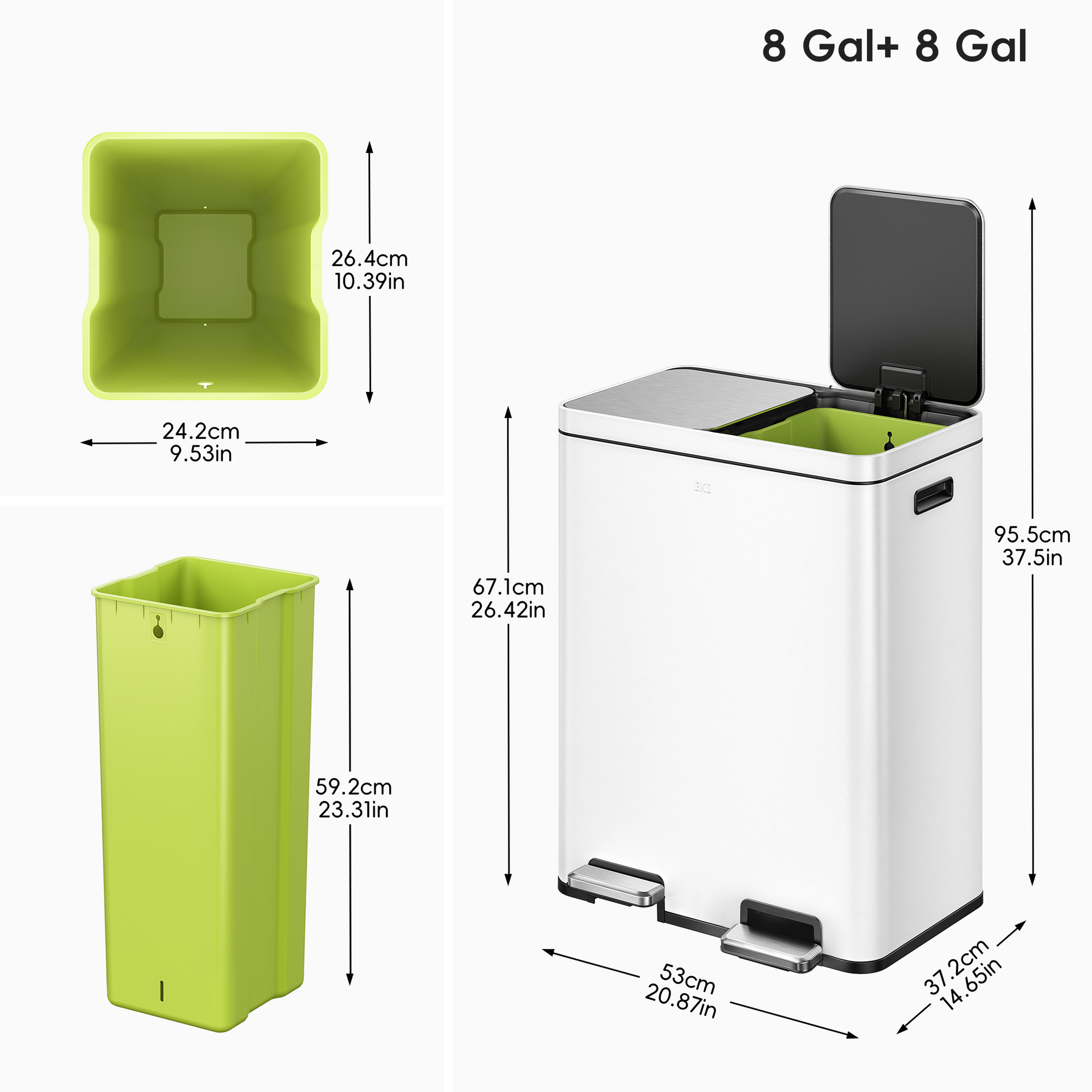 Edison 8+8 Gal Kitchen Trash Can with Dual Removable Liners-Matter White